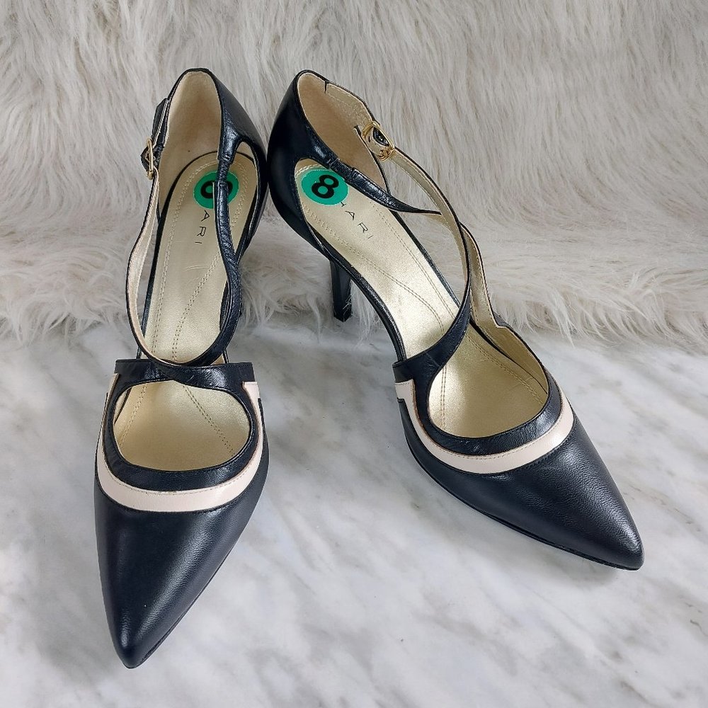 Tahari Britta Women's Black and Beige Trim Point Toe Strapped Heel Sandals 8M
